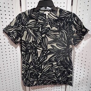 Gap Women's Black Beige Tropical Leaf Print Short Sleeve Crew Neck Top Size S